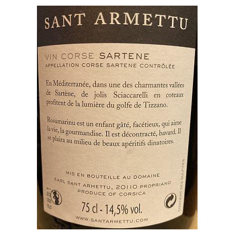 Domaine Sant Armettu Sartene Rosumarinu rouge 2019 contre etiquette