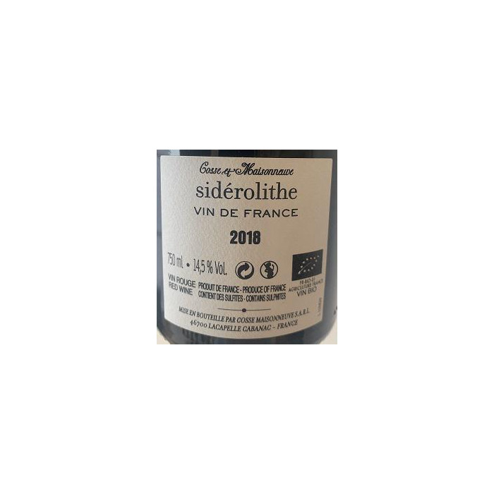 Domaine Cosse-Maisonneuve "Sidérolithe" (100% CF) rouge 2018 contre etiquette