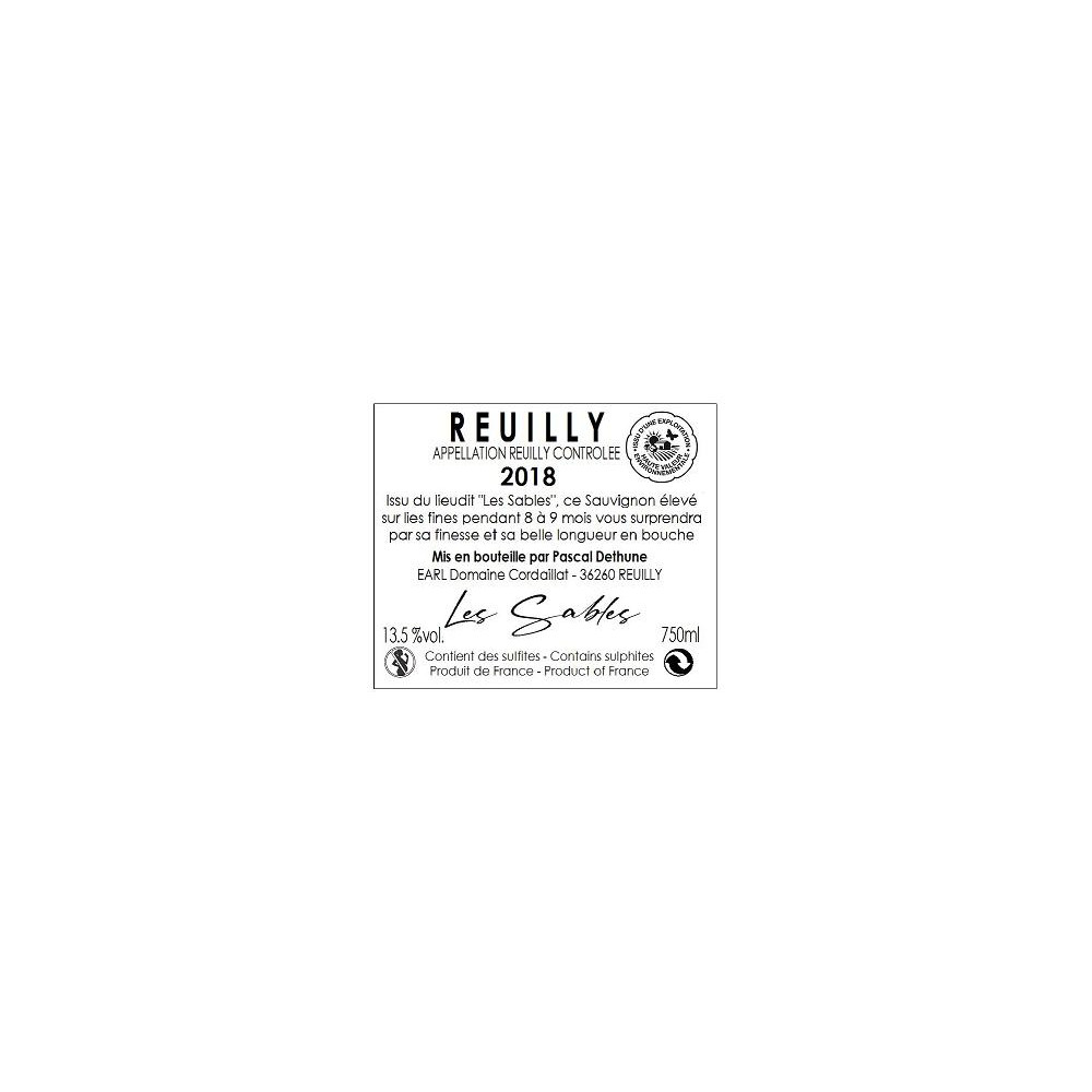 Domaine Cordaillat Reuilly "Les Sables" blanc sec 2018 contre etiquette