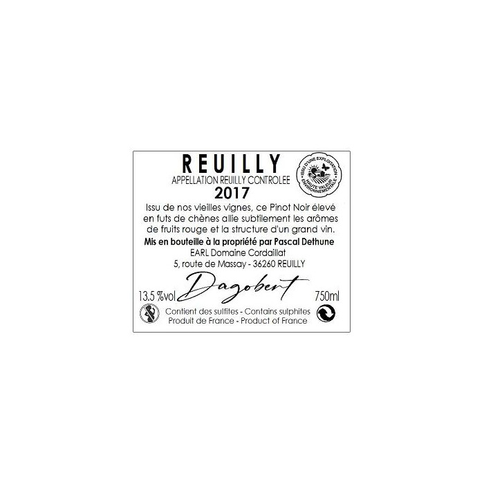 Domaine Cordaillat Reuilly "Dagobert" rouge 2017 contre etiquette