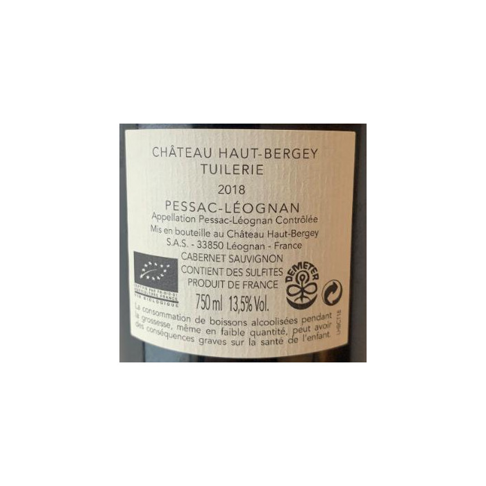 Château Haut-Bergey Pessac-Léognan "Tuilerie" rouge 2018 contre etiquette
