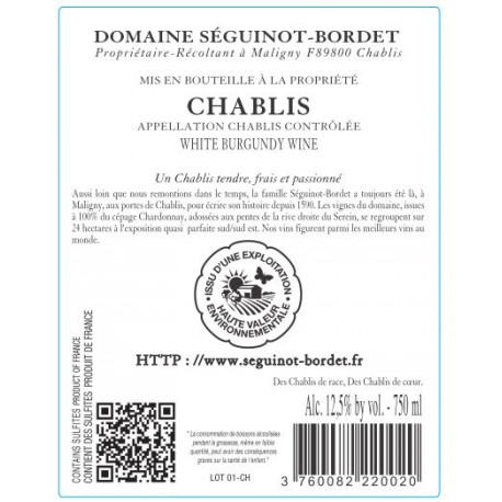Domaine Séguinot-Bordet Chablis blanc sec 2020 contre etiquette