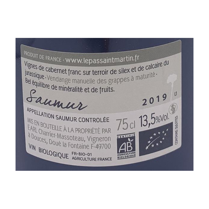 Domaine Le Pas Saint Martin Saumur "La Pierre Frite" rouge 2019 contre etiquette