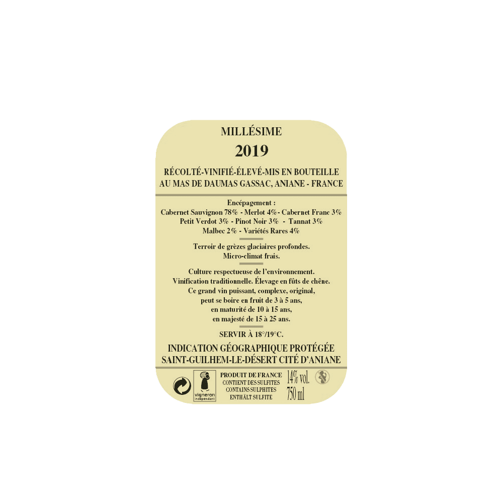 Mas de Daumas Gassac rouge 2019 contre étiquette
