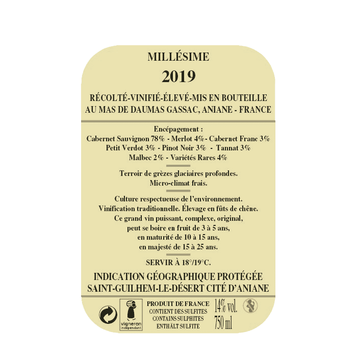 Mas de Daumas Gassac rouge 2019 contre étiquette