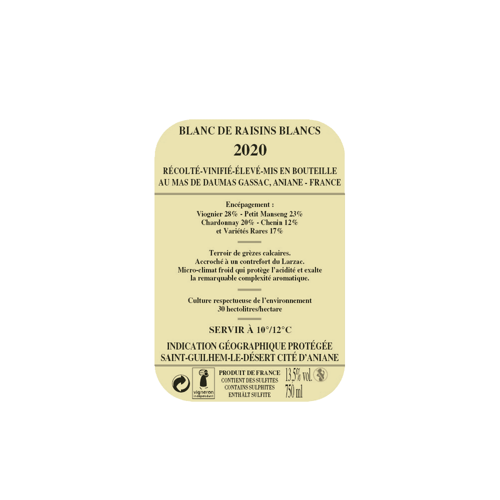 Mas de Daumas Gassac blanc 2020 contre etiquette