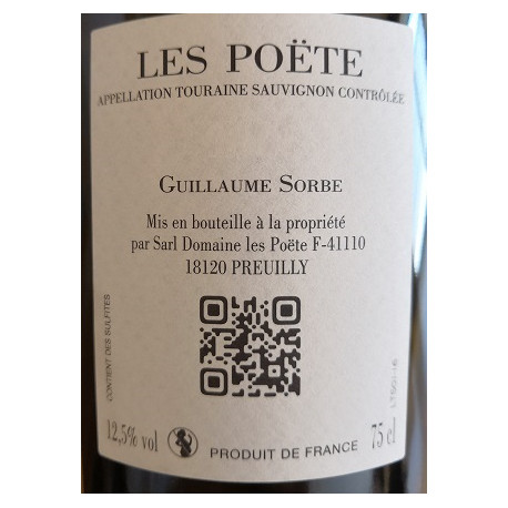 Domaine Les Poete Touraine "Le S" sauvignon blanc sec 2019 contre etiquette