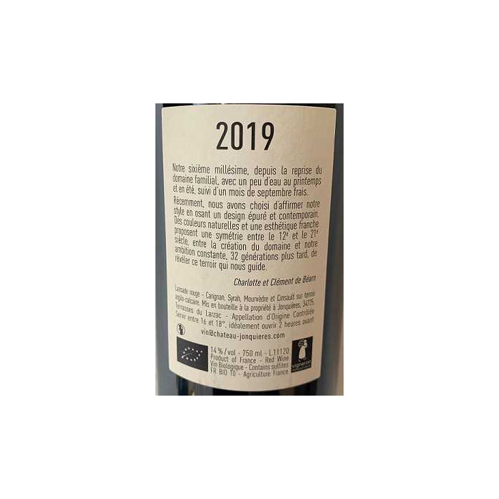 Château de Jonquières Terrasses du Larzac "Lansade" rouge 2019 contre-étiquette