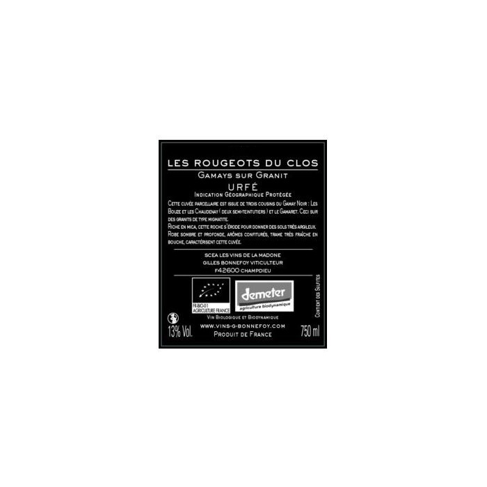 Les Vins de la Madone IGP Urfé "Les Rougeots du Clos" rouge 2021 contre etiquette