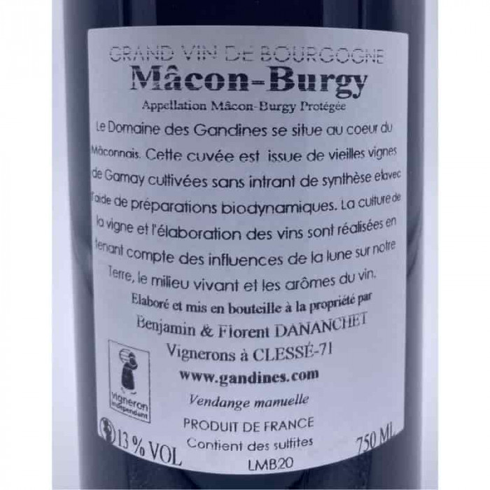 Domaine des Gandines Mâcon-Burgy rouge 2020 contre-etiquette