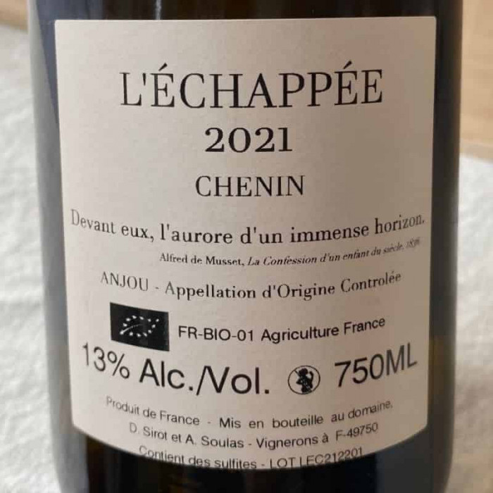 Le Fief Noir Anjou "L'échappée" (chenin) blanc sec 2021 contre-étiquette