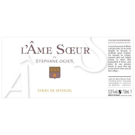 Ame Soeur de Stephane Ogier ou syrah de seyssuel 2020 etiquette Ame Soeur de Stephane Ogier ou syrah de seyssuel 2020 etiquette