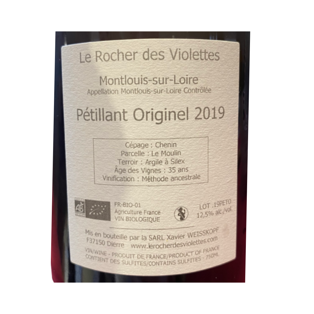 Le Rocher des Violettes Montlouis "Pétillant originel " 2019 contre étiquette