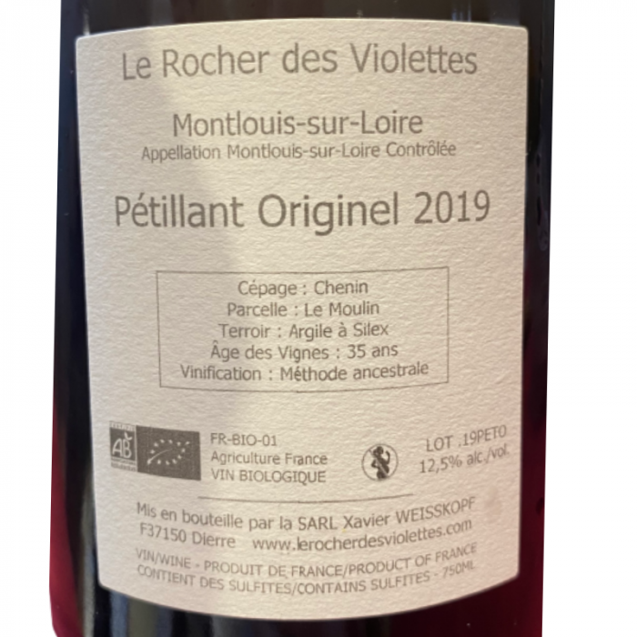 Le Rocher des Violettes Montlouis "Pétillant originel " 2019 contre étiquette