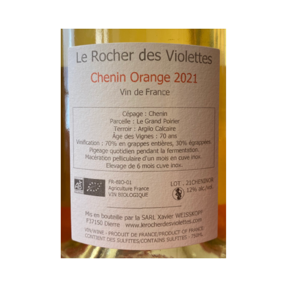 Le Rocher des Violettes "chenin orange" 2021 contre étiquette