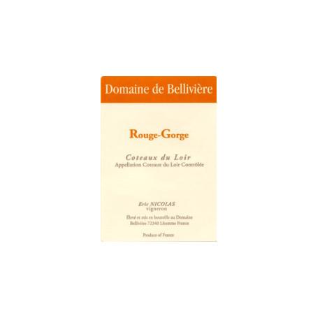 Domaine de Bellivière Coteaux du Loir "Rouge-Gorge" rouge 2020 etiquette