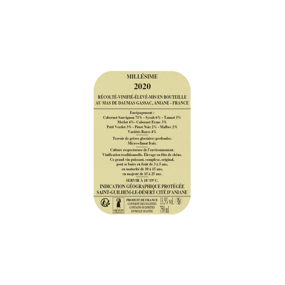 Mas de Daumas Gassac rouge 2020 contre etiquette