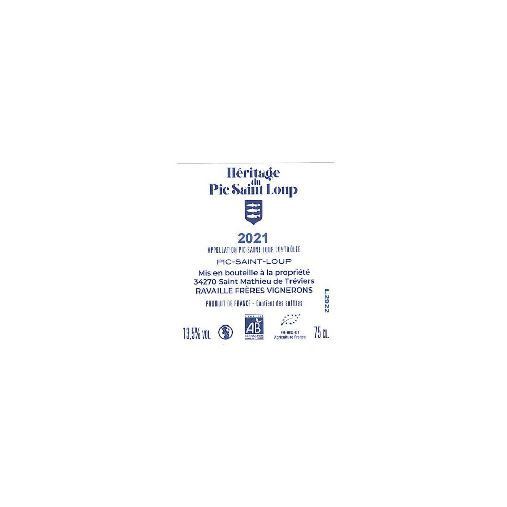 Héritage du Pic Saint-Loup "Tour de Pierres" Rouge 2021  contre etiquette