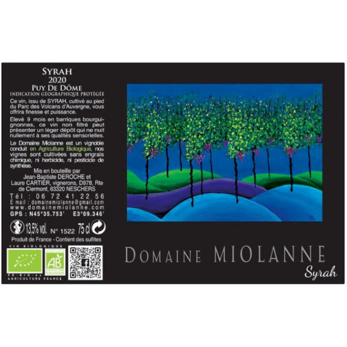 Domaine Miolanne IGP Puy de Dôme "syrah" rouge 2022 etiquette