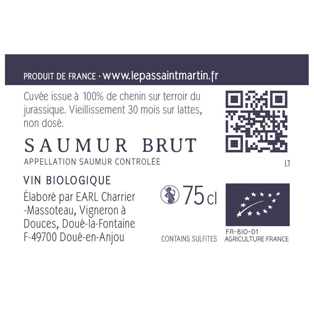 Domaine Le Pas Saint Martin Saumur "Résonance" Brut Non Dosé 2020 contre etiquette