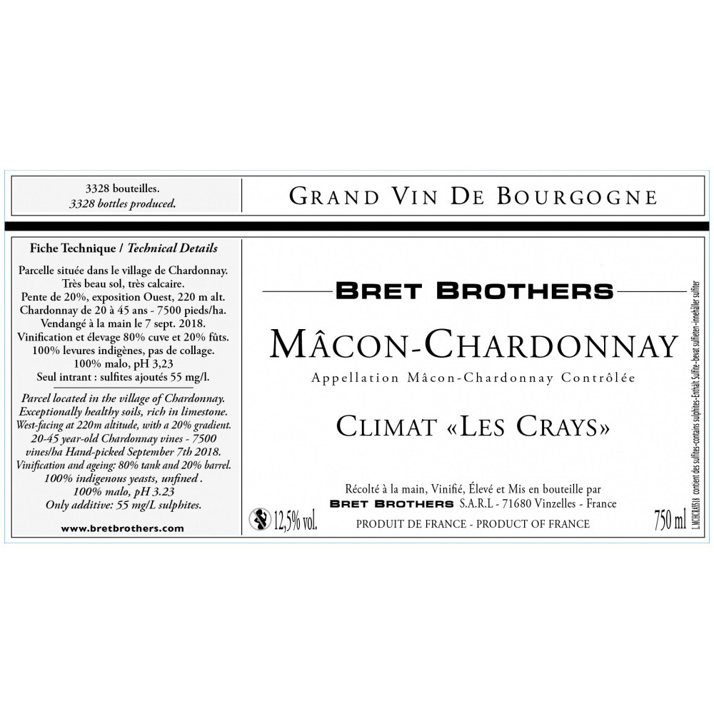 Bret Brothers Mâcon-Chardonnay "Les Crays" blanc sec 2022 etiquette