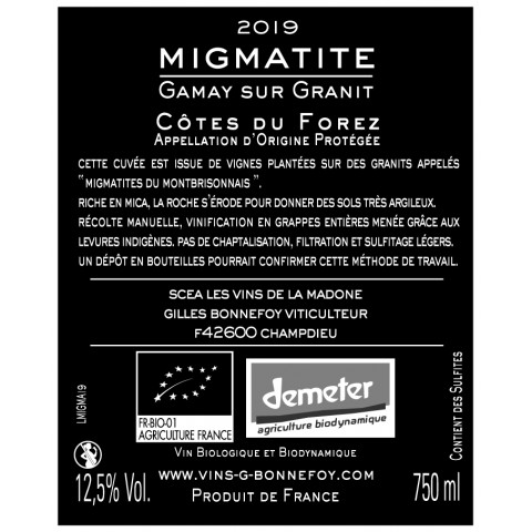Les Vins de la Madone Cotes du Forez migmatite rouge 2023 bouteille 2