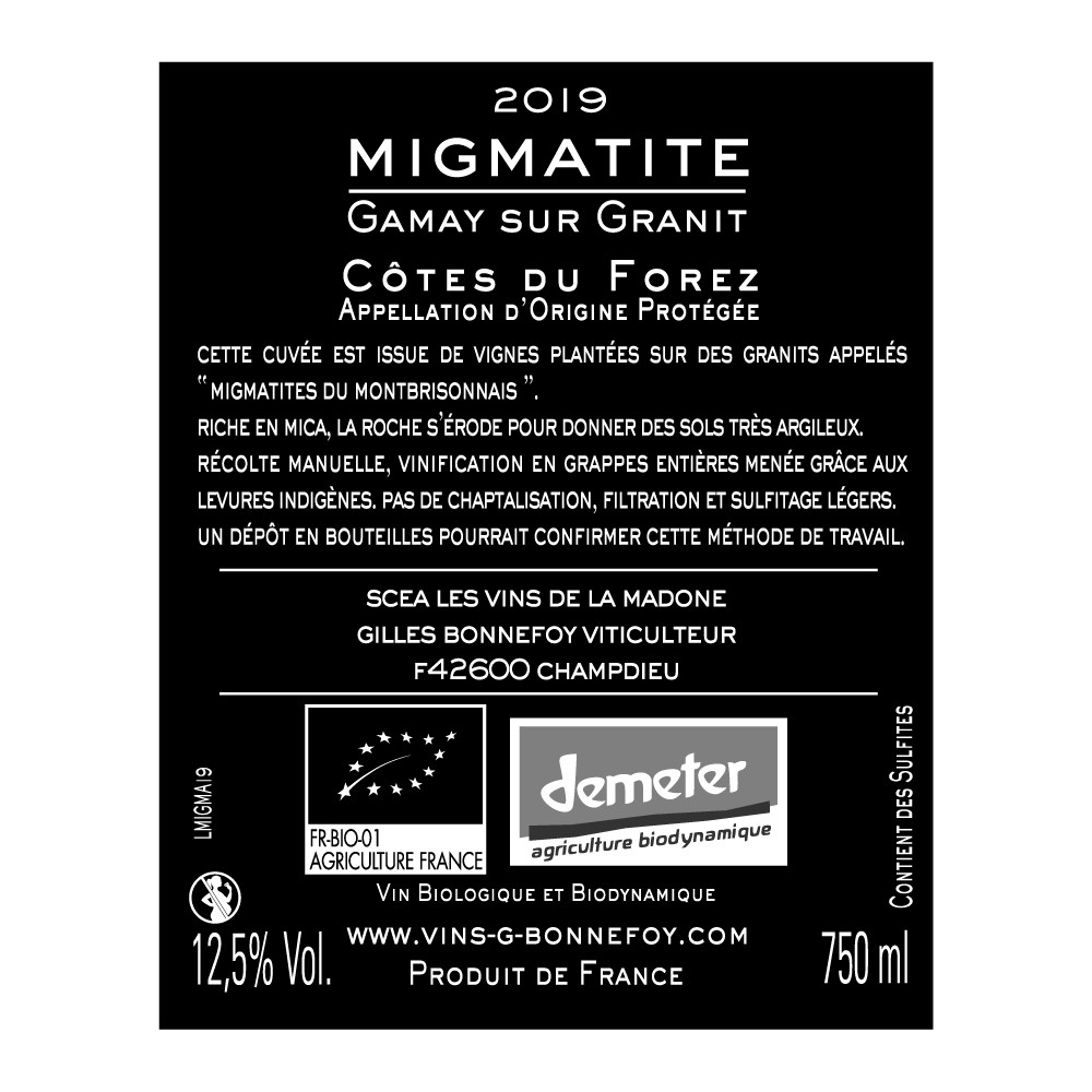 Les Vins de la Madone Cotes du Forez migmatite rouge 2023 contre etiquette 2019