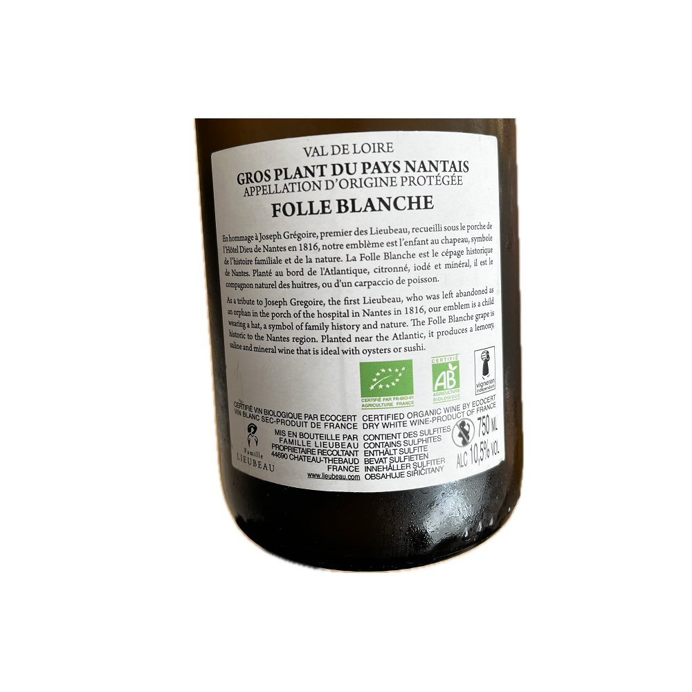 Famille Lieubeau Gros Plant "Folle Blanche" blanc sec 2023 contre etiquette