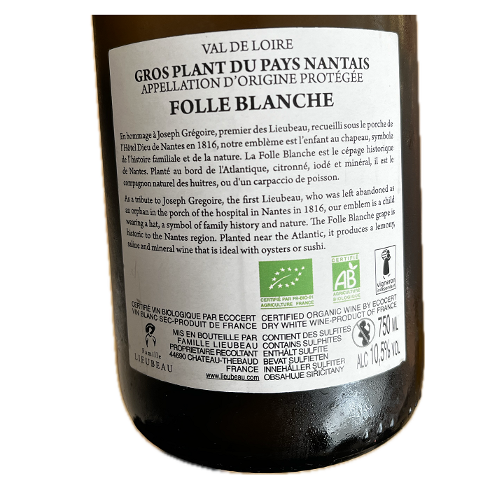 Famille Lieubeau Gros Plant "Folle Blanche" blanc sec 2023 contre etiquette