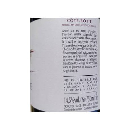 cote rotie mon village Stephane Ogier 2018 contre etiquette