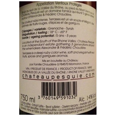 Château Pesquié Ventoux "Terrasses" rouge  2015 contre etiquette