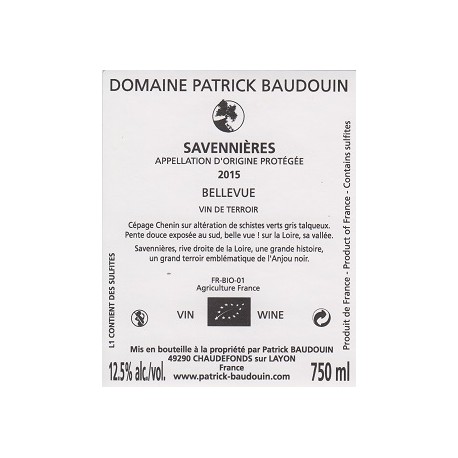 Domaine Patrick Baudouin Savennières 2015 contre etiquette