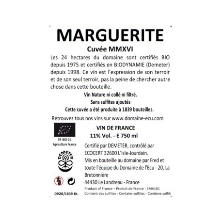 Domaine de l'Ecu "Marguerite" blanc sec 2016 contre etiquette