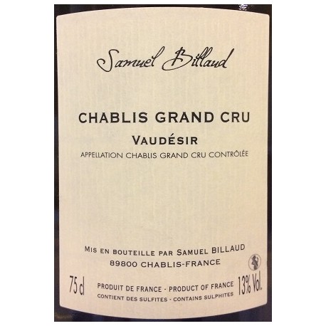 Domaine Samuel Billaud Chablis Grand Cru "Vaudésir" blanc sec 2015 bouteille