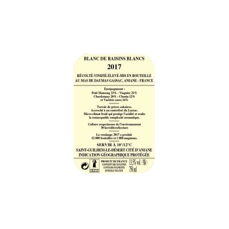 Mas Daumas Gassac blanc 2017 contre etiquette
