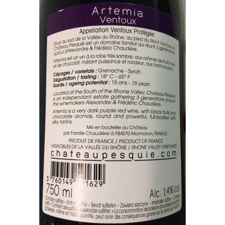 Chateau Pesquie Ventoux Artemia rouge 2015 contre etiquette