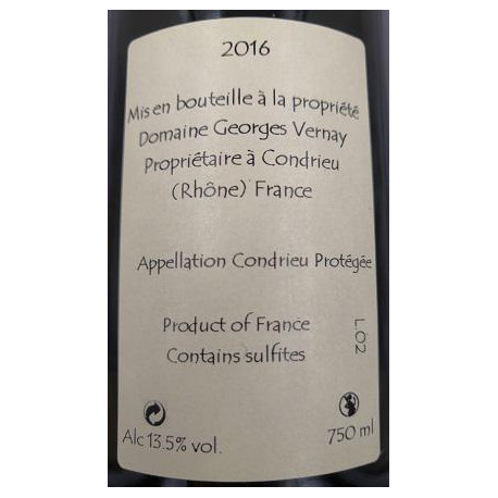 Domaine Georges Vernay Condrieu Chaillees de l'Enfer 2016 contre etiquette