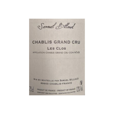 Domaine Samuel Billaud Chablis Grand Cru "Les Clos"  2015 contre etiquette