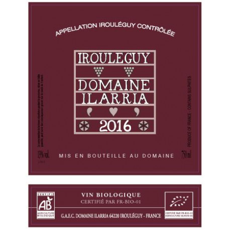 Domaine Ilarria Irouleguy rouge 2016 etiquette Domaine Ilarria Irouleguy rouge 2016 etiquette