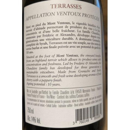 Château Pesquié Ventoux "Terrasses" rouge  2017 contre etiquette