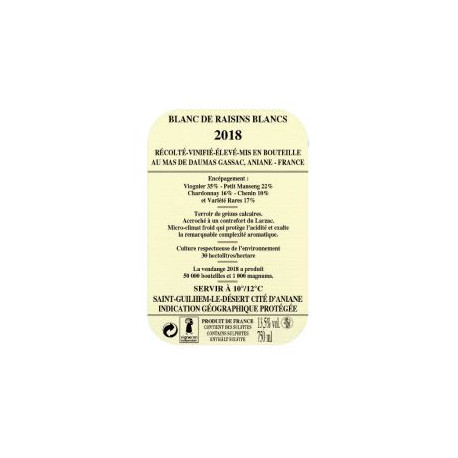 Mas Daumas Gassac blanc 2018 contre etiquette