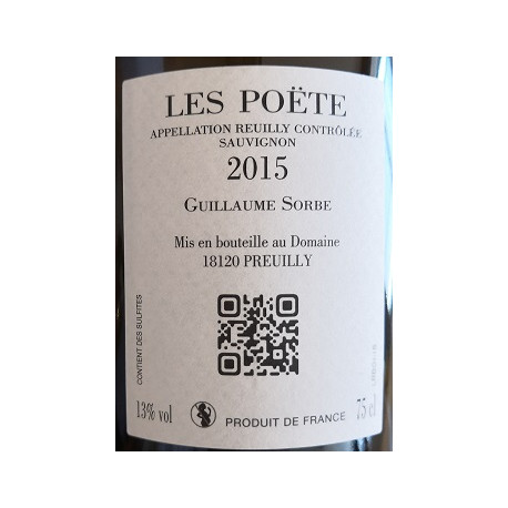 Domaine Les Poete Reuilly "Orphée" sauvignon blanc sec 2015 contre etiquette