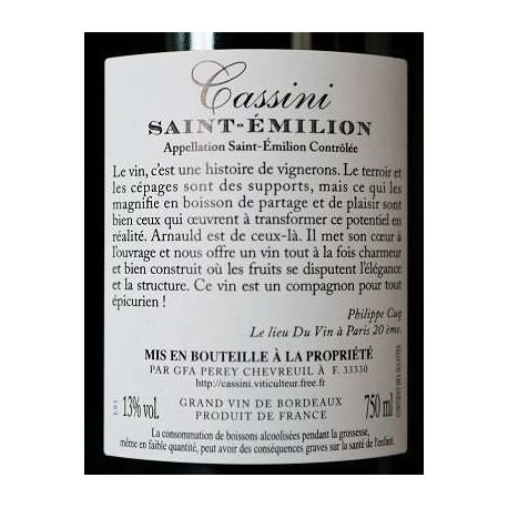 Domaine Cassini Saint-Emilion 2017 contre etiquette