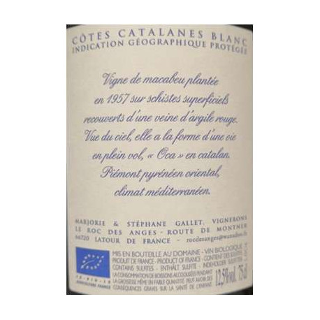 Le Roc des Anges "L'Oca" blanc sec 2016 contre etiquette