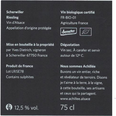 Domaine Achillée Alsace Riesling "Scherwiller" blanc sec 2017 2018 etiquette 2
