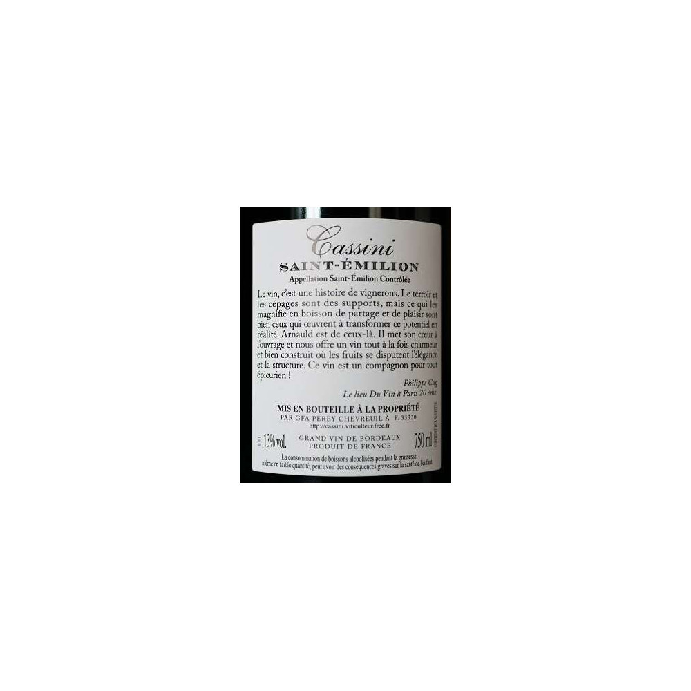 Domaine Cassini Saint-Emilion 2018 contre etiquette