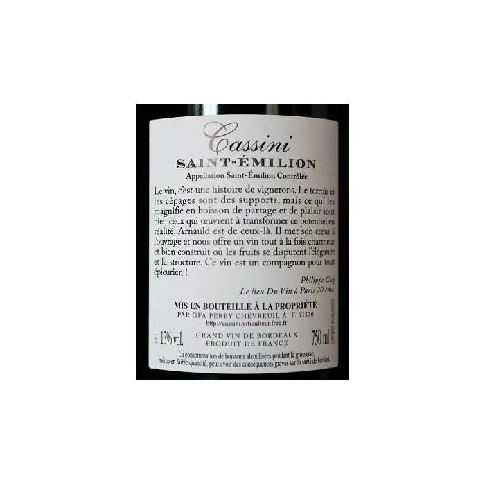 Domaine Cassini Saint-Emilion 2018 contre etiquette